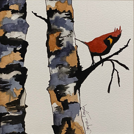 Birch Trees with Cardinal