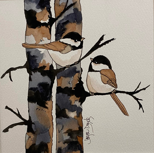 Birch Tree With 2 Chickadees